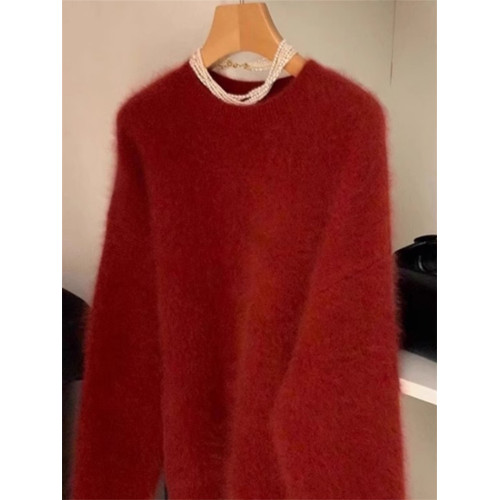 過年本命年紅色套頭毛衣女秋冬慵懶高級感寬松軟糯馬海毛針織上衣 過年本命年紅色套頭毛衣女秋冬慵懶高級感寬松軟糯馬海毛針織上衣