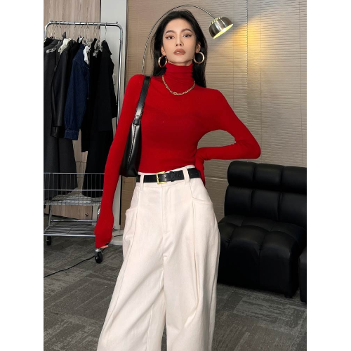 高領修身聖誕紅色打底衫女2025年秋冬新款高級感時尚洋氣內搭上衣