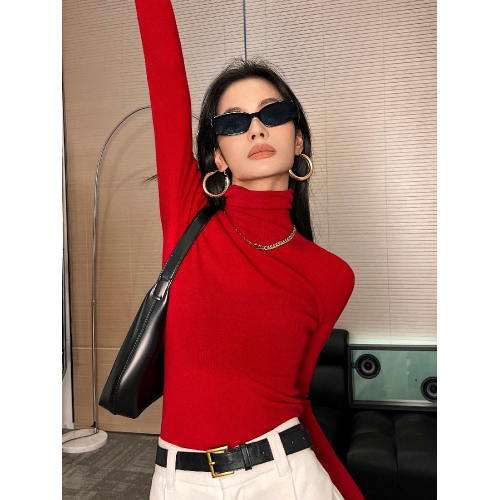 高領修身聖誕紅色打底衫女2025年秋冬新款高級感時尚洋氣內搭上衣