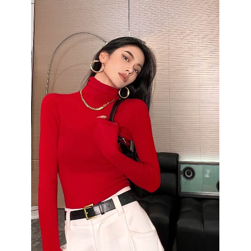 高領修身聖誕紅色打底衫女2025年秋冬新款高級感時尚洋氣內搭上衣