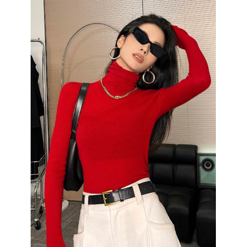 高領修身聖誕紅色打底衫女2025年秋冬新款高級感時尚洋氣內搭上衣
