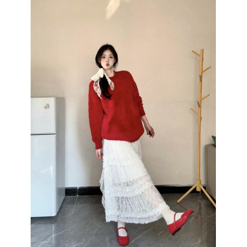 新年聖誕紅色毛衣女秋冬氛圍感寬松加厚水貂絨針織衫氣質顯白上衣 新年聖誕紅色毛衣女秋冬氛圍感寬松加厚水貂絨針織衫氣質顯白上衣