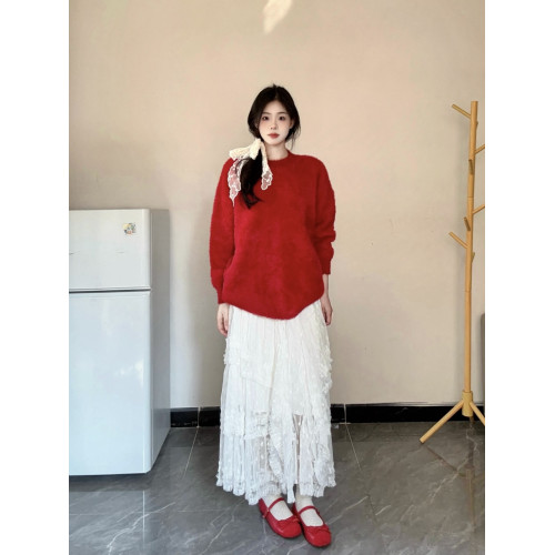 新年聖誕紅色毛衣女秋冬氛圍感寬松加厚水貂絨針織衫氣質顯白上衣 新年聖誕紅色毛衣女秋冬氛圍感寬松加厚水貂絨針織衫氣質顯白上衣