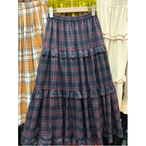 聖誕紅色格子半身裙女秋季甜美木耳花邊蛋糕長裙子撞色格紋A字裙