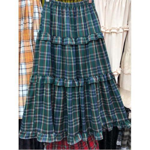 聖誕紅色格子半身裙女秋季甜美木耳花邊蛋糕長裙子撞色格紋A字裙