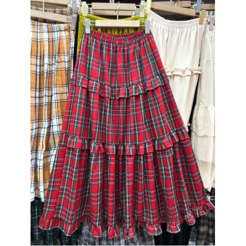 聖誕紅色格子半身裙女秋季甜美木耳花邊蛋糕長裙子撞色格紋A字裙