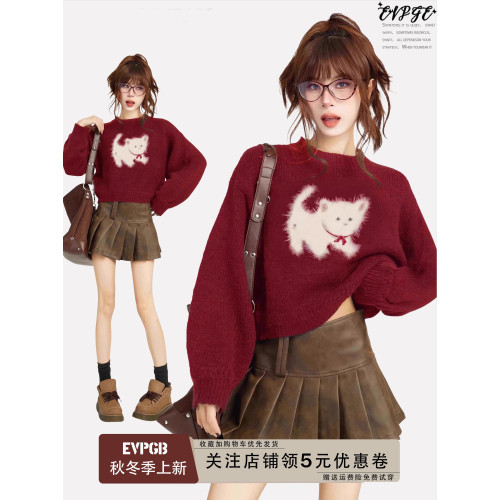 聖誕紅色套頭針織毛衣女冬季寬松慵懶風貓咪加厚設計感短款針織衫