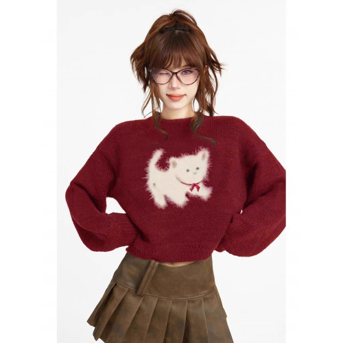 聖誕紅色套頭針織毛衣女冬季寬松慵懶風貓咪加厚設計感短款針織衫