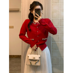 新年聖誕紅色小香風毛衣女miu系穿搭鑲鑽氣質針織開衫外套上衣