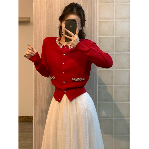 新年聖誕紅色小香風毛衣女miu系穿搭鑲鑽氣質針織開衫外套上衣