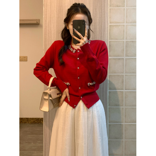 新年聖誕紅色小香風毛衣女miu系穿搭鑲鑽氣質針織開衫外套上衣