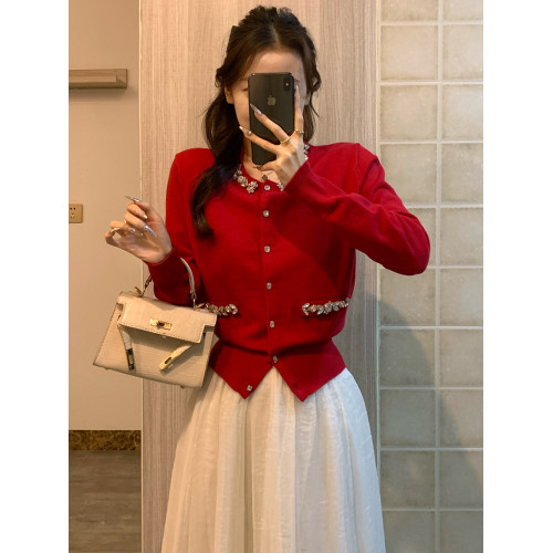 新年聖誕紅色小香風毛衣女miu系穿搭鑲鑽氣質針織開衫外套上衣