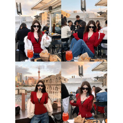 純欲性感聖誕紅色V領針織衫上衣女設計感修身打底衫內搭套裝秋冬