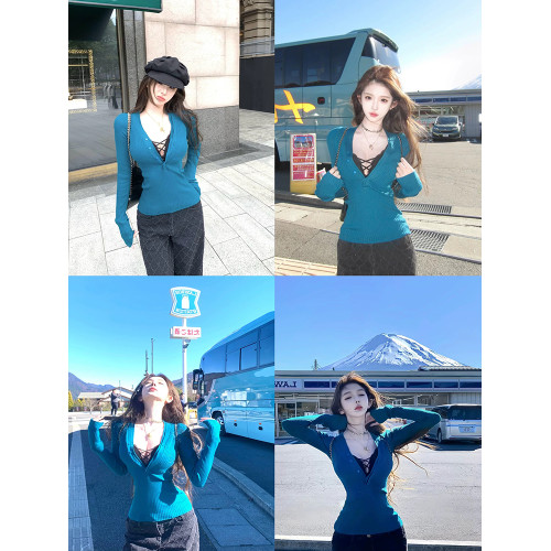 純欲性感聖誕紅色V領針織衫上衣女設計感修身打底衫內搭套裝秋冬