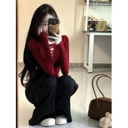 一整套ootd穿搭復古聖誕紅色鏤空長袖針織衫濶腿褲兩件套裝女春冬