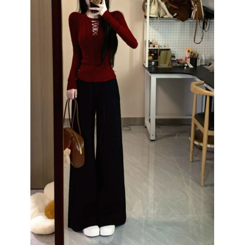 一整套ootd穿搭復古聖誕紅色鏤空長袖針織衫濶腿褲兩件套裝女春冬 一整套ootd穿搭復古聖誕紅色鏤空長袖針織衫濶腿褲兩件套裝女春冬