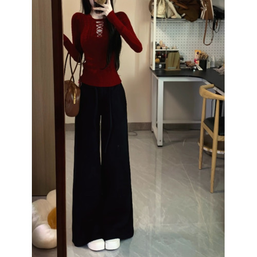 一整套ootd穿搭復古聖誕紅色鏤空長袖針織衫濶腿褲兩件套裝女春冬 一整套ootd穿搭復古聖誕紅色鏤空長袖針織衫濶腿褲兩件套裝女春冬