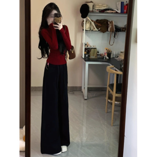 一整套ootd穿搭復古聖誕紅色鏤空長袖針織衫濶腿褲兩件套裝女春冬 一整套ootd穿搭復古聖誕紅色鏤空長袖針織衫濶腿褲兩件套裝女春冬