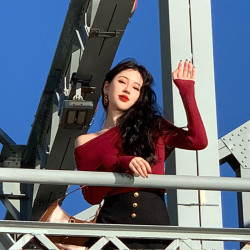 聖誕紅色毛衣打底衫女秋冬高級感修身加厚皮草內搭針織一字肩上衣