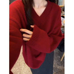 歐貨高級感聖誕紅色浣熊絨v領毛衣女秋冬軟糯慵懶風本命年針織衫