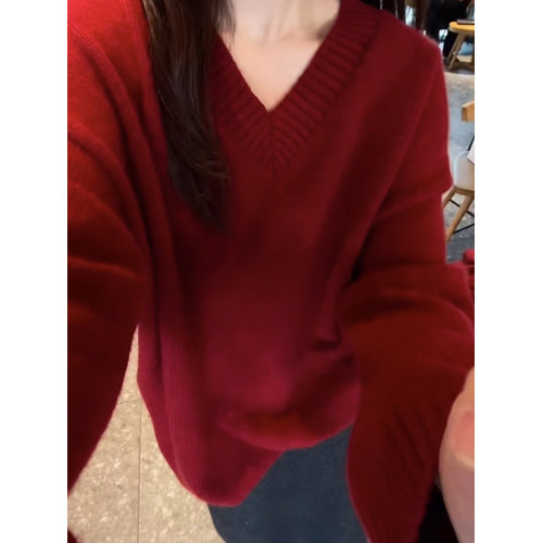 歐貨高級感聖誕紅色浣熊絨v領毛衣女秋冬軟糯慵懶風本命年針織衫 歐貨高級感聖誕紅色浣熊絨v領毛衣女秋冬軟糯慵懶風本命年針織衫