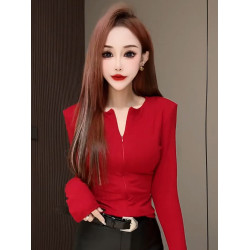 2025早春新款新年聖誕紅色上衣時尚氣質設計感拉鍊修身長袖打底衫