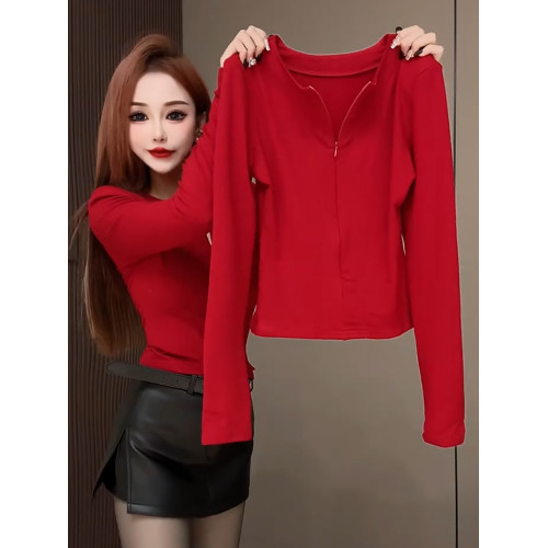 2025早春新款新年聖誕紅色上衣時尚氣質設計感拉鍊修身長袖打底衫 2025早春新款新年聖誕紅色上衣時尚氣質設計感拉鍊修身長袖打底衫