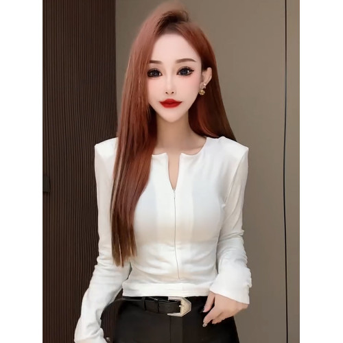 2025早春新款新年聖誕紅色上衣時尚氣質設計感拉鍊修身長袖打底衫 2025早春新款新年聖誕紅色上衣時尚氣質設計感拉鍊修身長袖打底衫