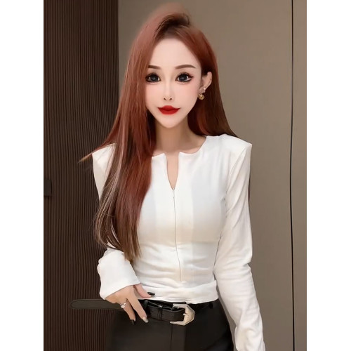 2025早春新款新年聖誕紅色上衣時尚氣質設計感拉鍊修身長袖打底衫 2025早春新款新年聖誕紅色上衣時尚氣質設計感拉鍊修身長袖打底衫