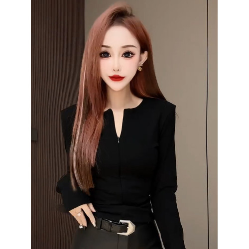 2025早春新款新年聖誕紅色上衣時尚氣質設計感拉鍊修身長袖打底衫 2025早春新款新年聖誕紅色上衣時尚氣質設計感拉鍊修身長袖打底衫