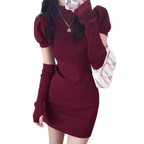 新年戰袍聖誕紅色針織連衣裙子女2025秋冬小個子包臀裙袖套毛衣裙