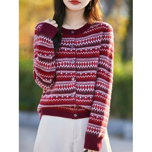 復古拼色加厚100%純羊毛開衫女圓領聖誕紅外套毛衣寬松羊絨衫上衣 復古拼色加厚100%純羊毛開衫女圓領聖誕紅外套毛衣寬松羊絨衫上衣