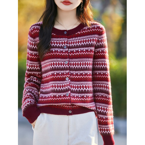 復古拼色加厚100%純羊毛開衫女圓領聖誕紅外套毛衣寬松羊絨衫上衣 復古拼色加厚100%純羊毛開衫女圓領聖誕紅外套毛衣寬松羊絨衫上衣