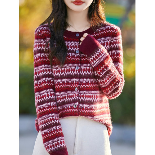 復古拼色加厚100%純羊毛開衫女圓領聖誕紅外套毛衣寬松羊絨衫上衣 復古拼色加厚100%純羊毛開衫女圓領聖誕紅外套毛衣寬松羊絨衫上衣