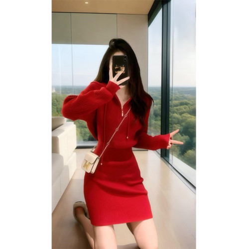 小香風高級感聖誕紅色穿搭針織連衣裙2025年秋冬新款冬季裙子女裝 小香風高級感聖誕紅色穿搭針織連衣裙2025年秋冬新款冬季裙子女裝