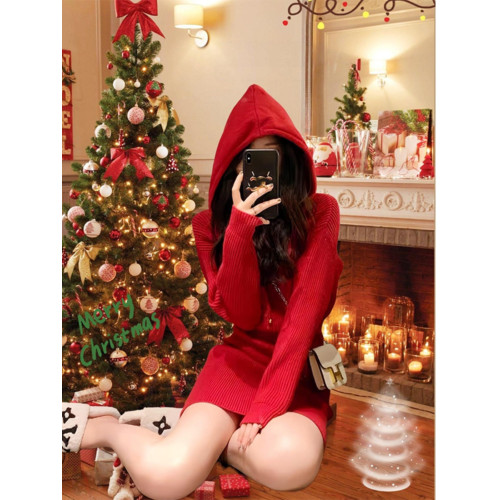 小香風高級感聖誕紅色穿搭針織連衣裙2025年秋冬新款冬季裙子女裝 小香風高級感聖誕紅色穿搭針織連衣裙2025年秋冬新款冬季裙子女裝