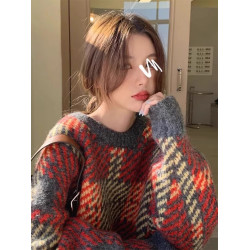 復古格子聖誕紅色毛衣女秋冬外穿高級感寬松慵懶風加厚針織衫上衣