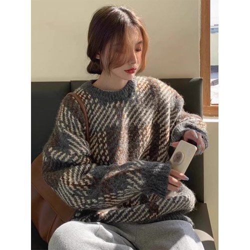 復古格子聖誕紅色毛衣女秋冬外穿高級感寬松慵懶風加厚針織衫上衣 復古格子聖誕紅色毛衣女秋冬外穿高級感寬松慵懶風加厚針織衫上衣