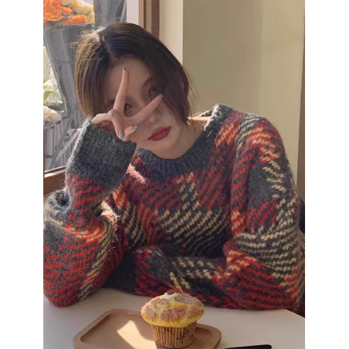 復古格子聖誕紅色毛衣女秋冬外穿高級感寬松慵懶風加厚針織衫上衣 復古格子聖誕紅色毛衣女秋冬外穿高級感寬松慵懶風加厚針織衫上衣