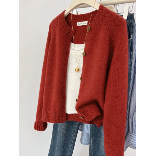 聖誕紅色圓領針織開衫女秋冬高級感氣質小香風毛衣外套超好看上衣