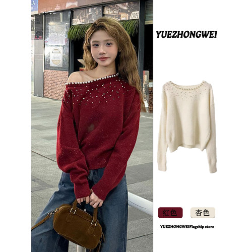 新年過年戰袍聖誕紅色不規則斜肩毛衣女秋冬慵懶風露肩針織衫上衣 新年過年戰袍聖誕紅色不規則斜肩毛衣女秋冬慵懶風露肩針織衫上衣