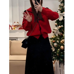 大碼海軍領新年紅色毛衣針織外套女秋冬胖mm寬鬆顯瘦內搭外穿上衣