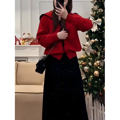 大碼海軍領新年紅色毛衣針織外套女秋冬胖mm寬鬆顯瘦內搭外穿上衣