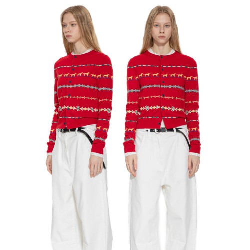 設計感小衆聖誕紅色小狗洋氣毛衣開衫女內搭春秋費爾島短款針織衫 設計感小衆聖誕紅色小狗洋氣毛衣開衫女內搭春秋費爾島短款針織衫