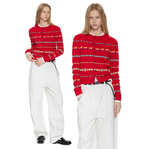 設計感小衆聖誕紅色小狗洋氣毛衣開衫女內搭春秋費爾島短款針織衫 設計感小衆聖誕紅色小狗洋氣毛衣開衫女內搭春秋費爾島短款針織衫