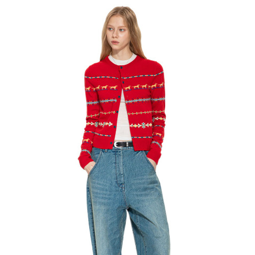 設計感小衆聖誕紅色小狗洋氣毛衣開衫女內搭春秋費爾島短款針織衫 設計感小衆聖誕紅色小狗洋氣毛衣開衫女內搭春秋費爾島短款針織衫