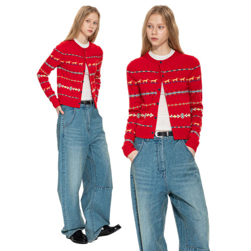 設計感小衆聖誕紅色小狗洋氣毛衣開衫女內搭春秋費爾島短款針織衫 設計感小衆聖誕紅色小狗洋氣毛衣開衫女內搭春秋費爾島短款針織衫