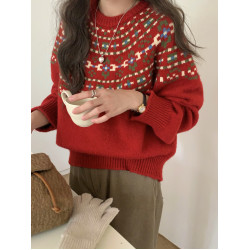 氛圍感！聖誕紅色復古小個子慵懶風毛衣女寬松費爾島小衆秋冬上衣