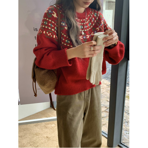 氛圍感!聖誕紅色復古小個子慵懶風毛衣女寬松費爾島小衆秋冬上衣 氛圍感!聖誕紅色復古小個子慵懶風毛衣女寬松費爾島小衆秋冬上衣