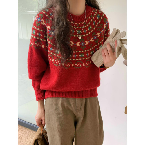 氛圍感!聖誕紅色復古小個子慵懶風毛衣女寬松費爾島小衆秋冬上衣 氛圍感!聖誕紅色復古小個子慵懶風毛衣女寬松費爾島小衆秋冬上衣